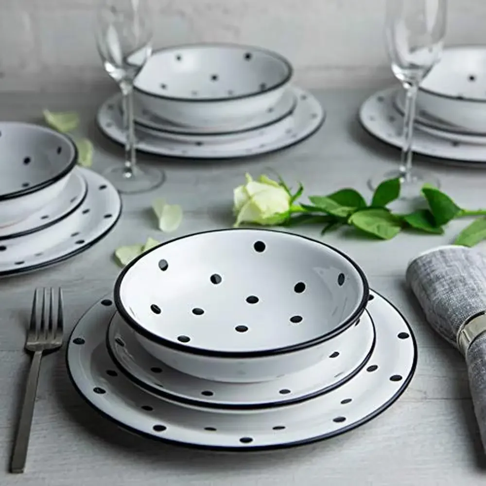 Ceramic Polka Dot Dinnerware Set Handmade Tableware Service 4 Plates Bowls White Black Wedding Kitchen Eco-Friendly