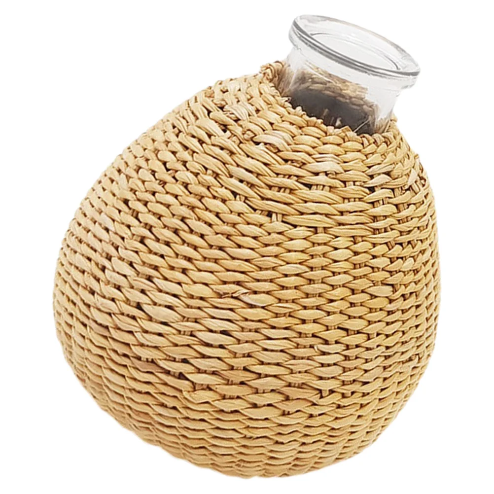 

Woven Rattan Glass Vase Floral Flowerpot Rustic for Home Decoration Creative Decorative