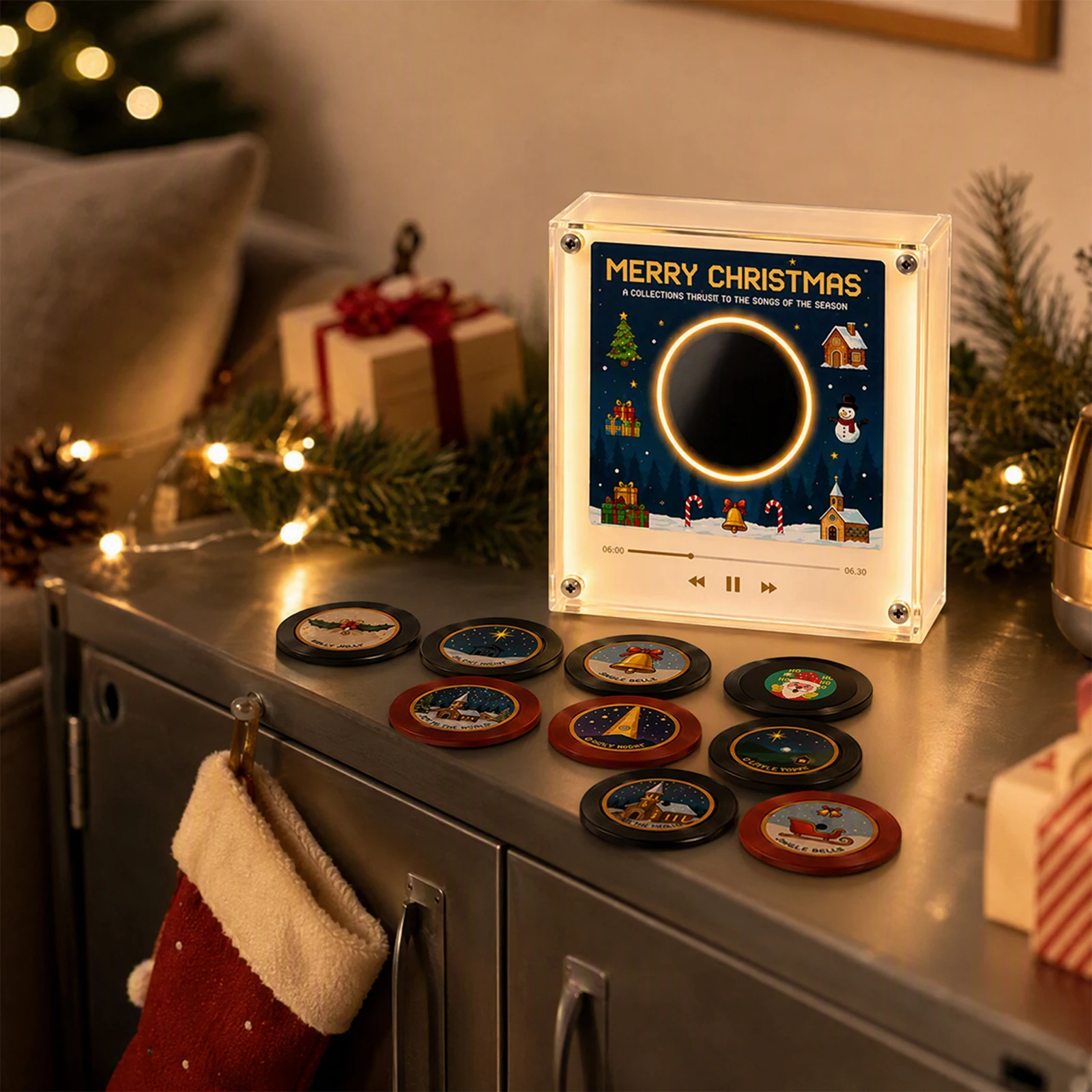Mini Vinyl Record Player NFC-compatible Rotating LED Fridge Magnet Magnetic Base Retro Turntable 9 Records Kitchen Decor