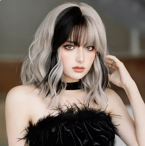 Silver Gray Powder Female Daily Role-Playing Synthetic Curly Wig Fluffy Bangs Heat-Resistant Lolita Wig