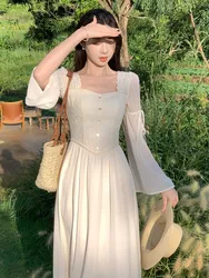 French Vintage Flare Sleeve Midi Dresses for Women Square Collar A-line Autumn New Casual Solid Party Dress Female Clothing