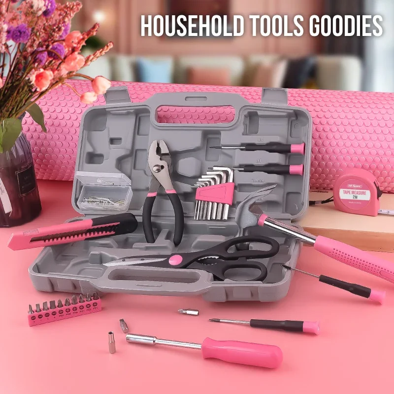 Hi-Spec 62pc Pink Home Tool Set with Multi-Layer DIY Toolbox - Professional Household Home Repair Kit & Women DIY Hand Tool Kit