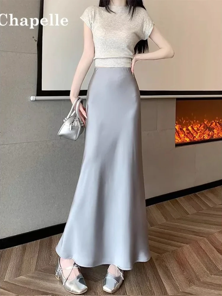 Summer Silk High Waisted Satin Skirt 2026 Slim Fashion Korean Women's Long Skirt Solid Champagne Black Midi Skirts for Women