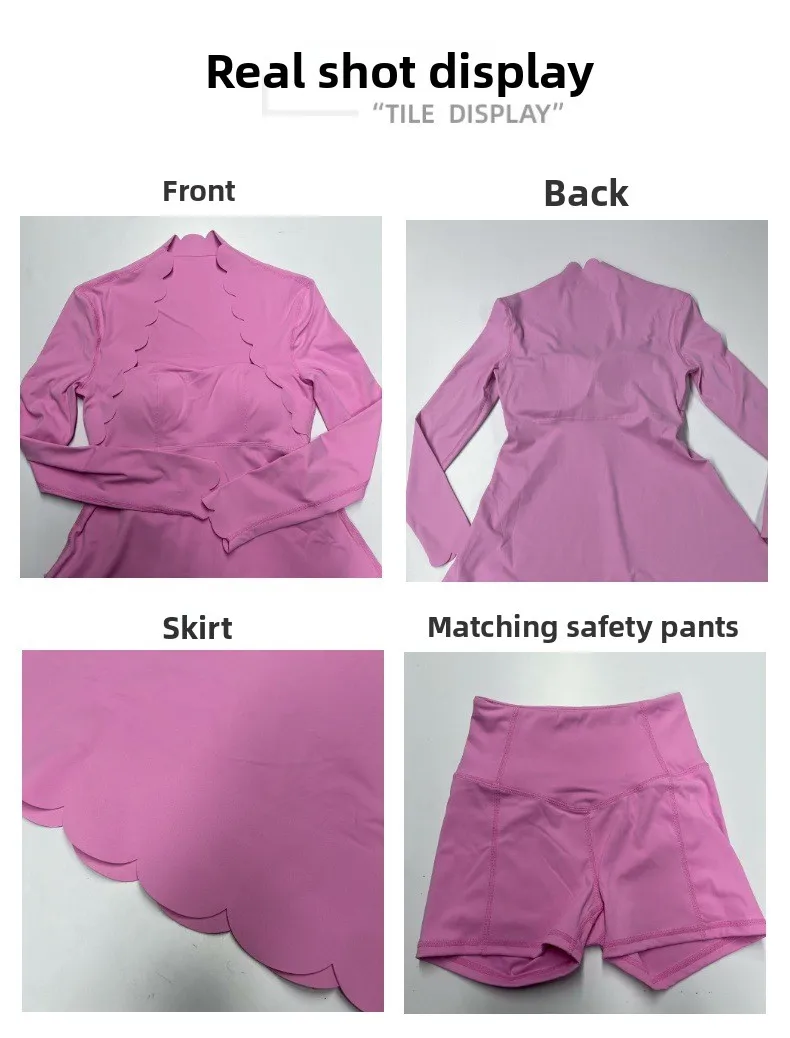Tennis Clothes Women's Long Sleeve Wave Lace Golf Wear Tennis Skirt Breathable Quick-Drying Yoga One-Piece Dress - view 6