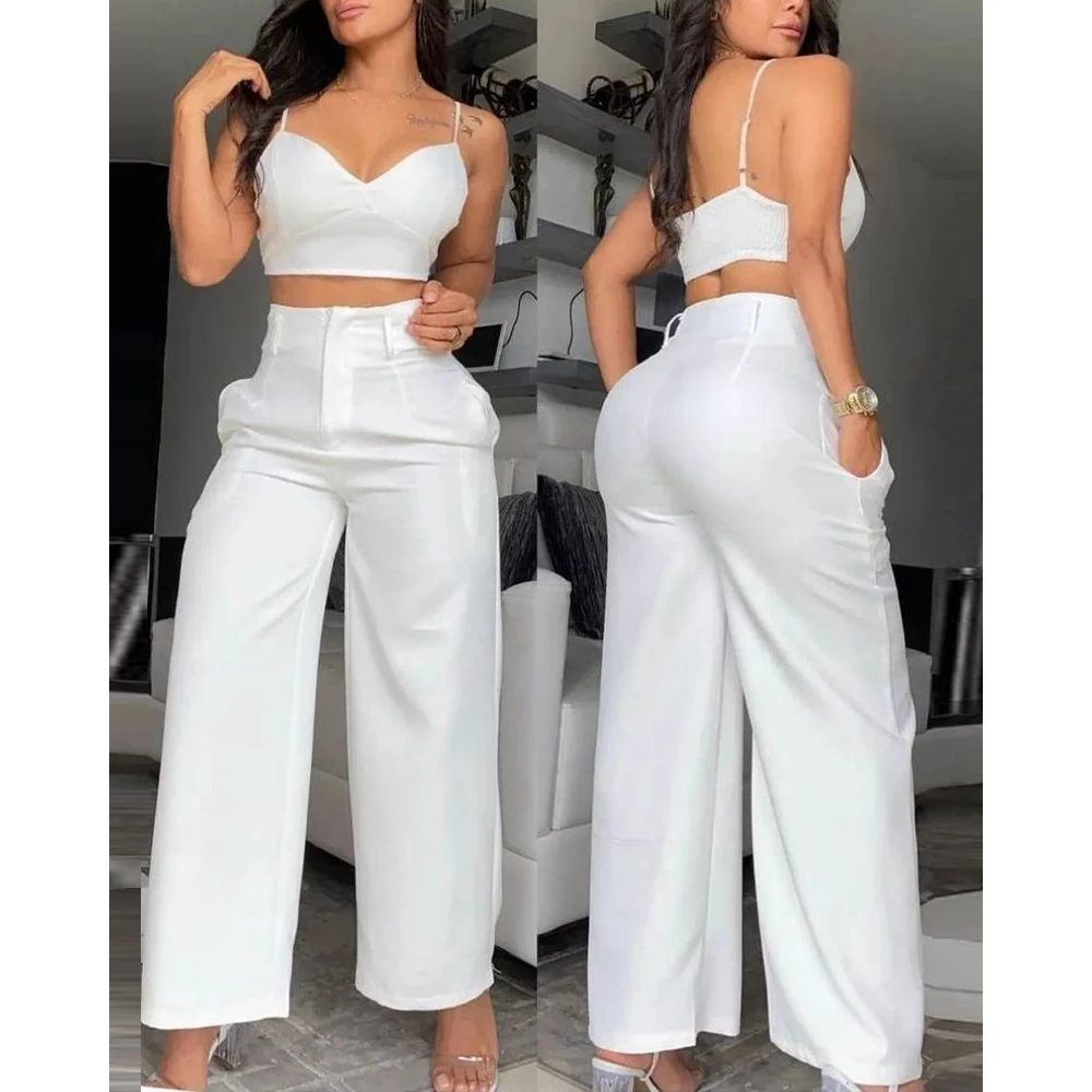 Summer Women Spaghetti Strap Crop Top & Wide Leg High Waist Pants Set Female Solid V-Neck Two Pieces Suit Set Workwear Outfits