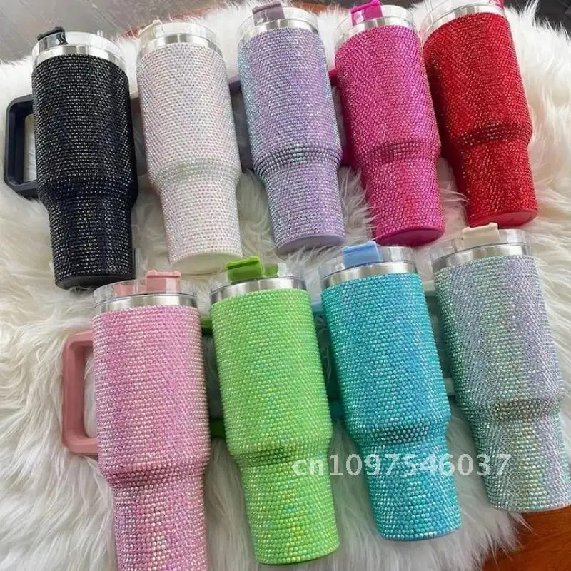 Rhinestone 40oz Insulated Tumbler with Straw Cup with Handle Sliding Bottle for Bling Lid Her Gift Diamond Steel Stainless Water