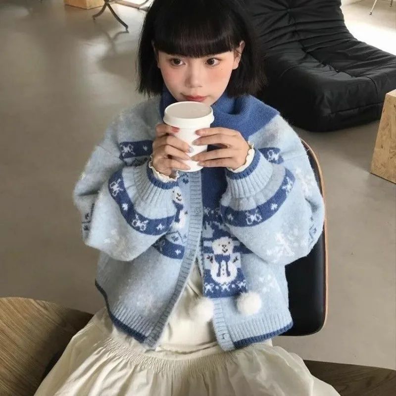 2025 Fair Isle Sweter Natal Kardigan Manusia Salju Mantel Rajut Atasan Baru Malas untuk Wanita Mungil Mode Musim Gugur Musim Dingin