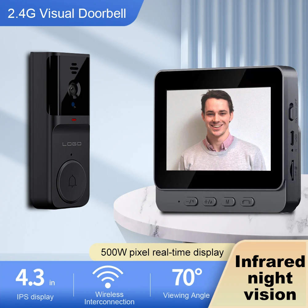2.4G Wi-Fi HD Video Doorbell with 4.3Inch IPS Display Intelligent Video Intercom Doorbell 2 Way Audio for Family Apartment