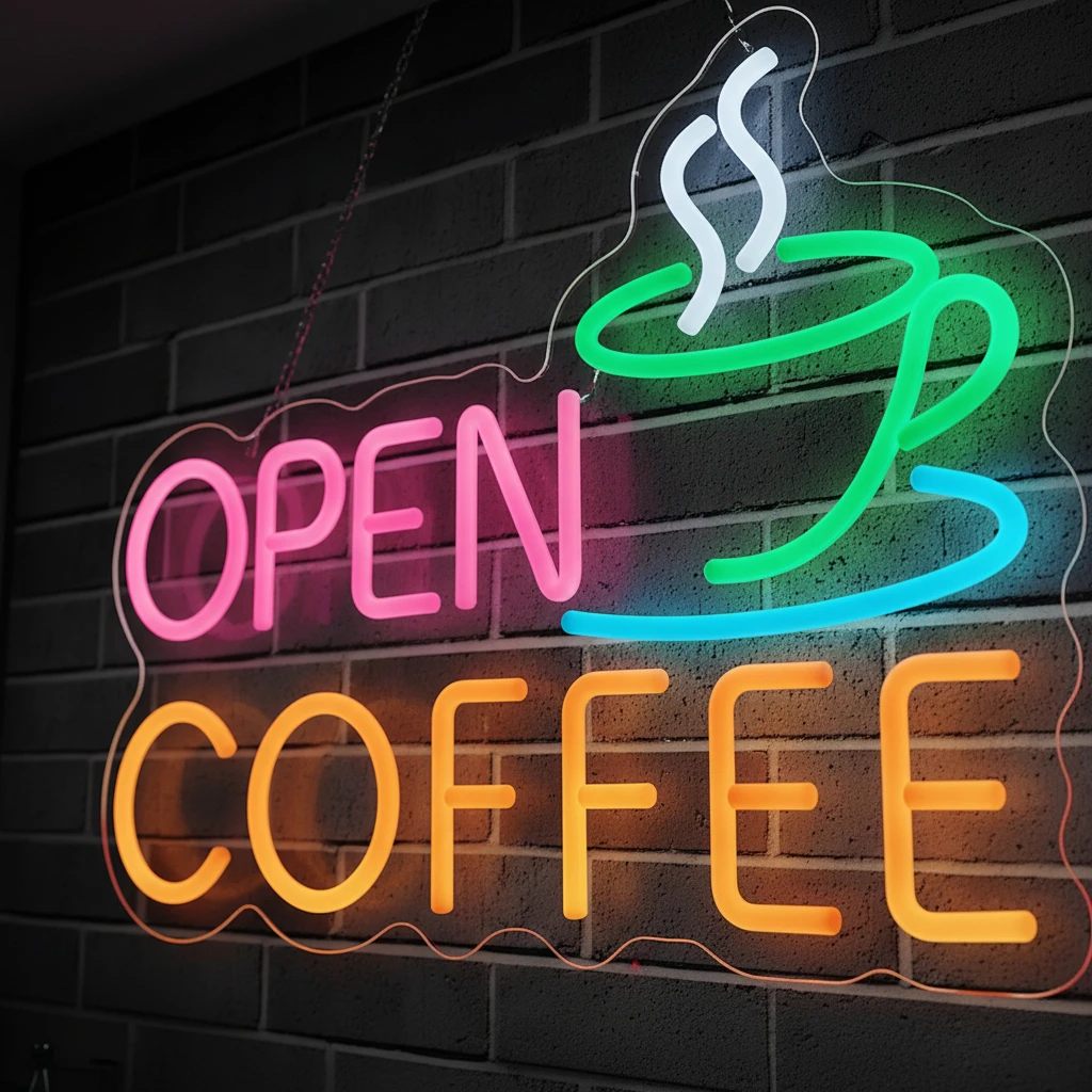علامة القهوة النيون المفتوحة مع تصميم فنجان القهوة ثلاثي الأبعاد، ديكور حائط مثالي لتعزيز الاهتمام للمقهى والمقهى وهدايا البار