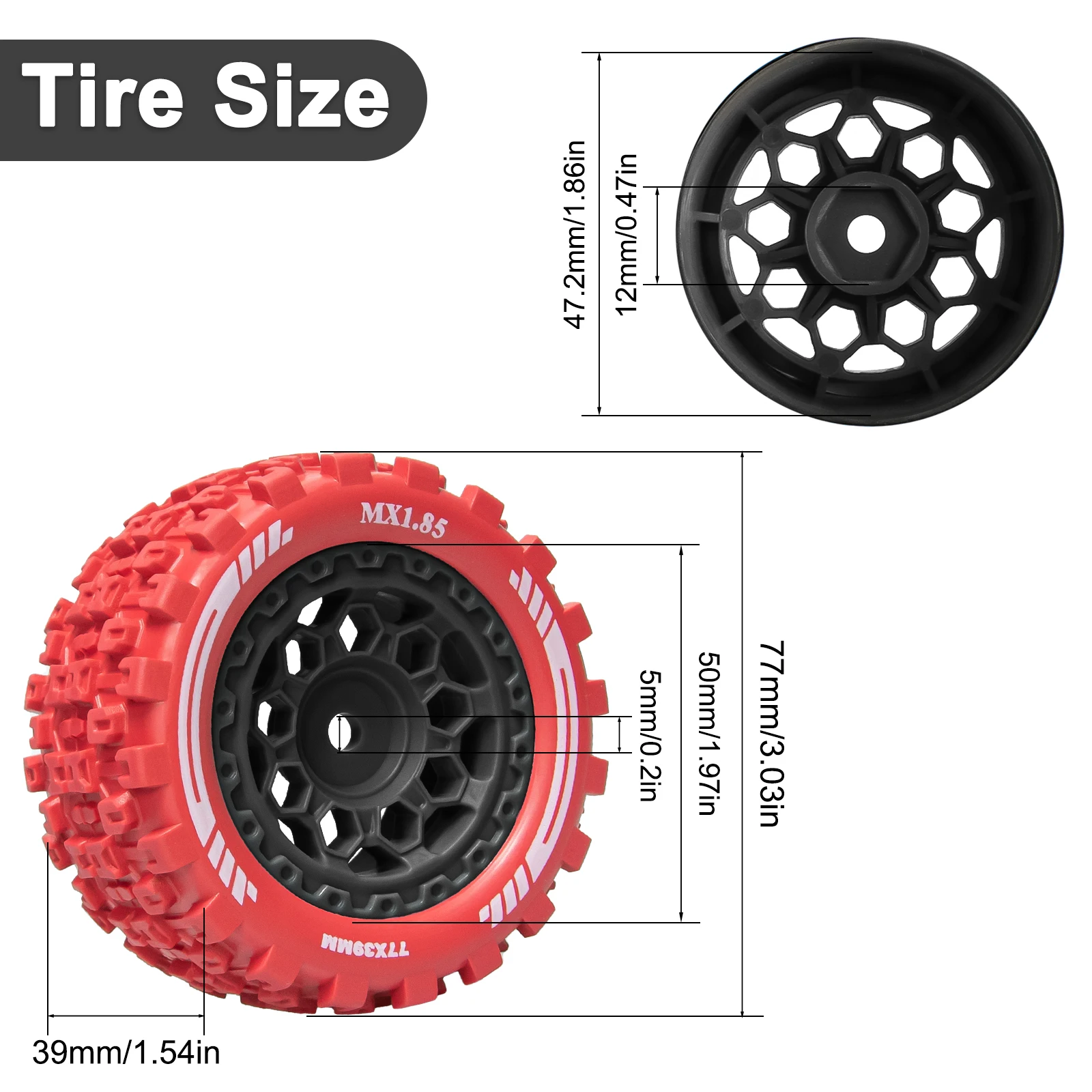 HFLRC 4PCS MX1.85 Tires Wheels 77x39mm 12mm Hex Two-Tone PA66 Rims for ARRMA Typhon Grom Granite Senton Mojave MJX Hyper Go