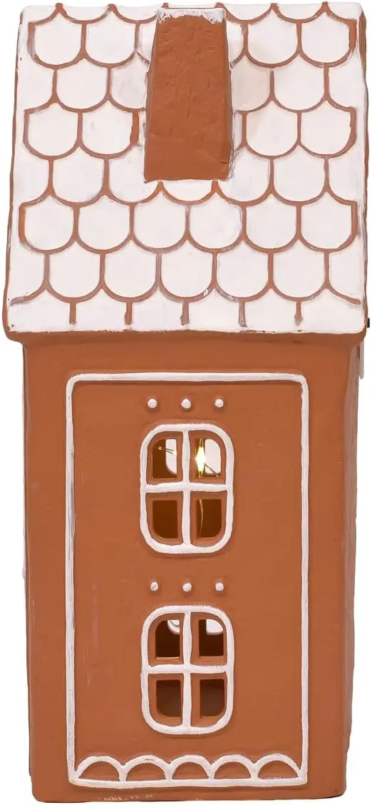 Estatuetas de vila de casa de gengibre de cerâmica LED pré-iluminadas, conjunto de 2, decoração de férias de 9 polegadas