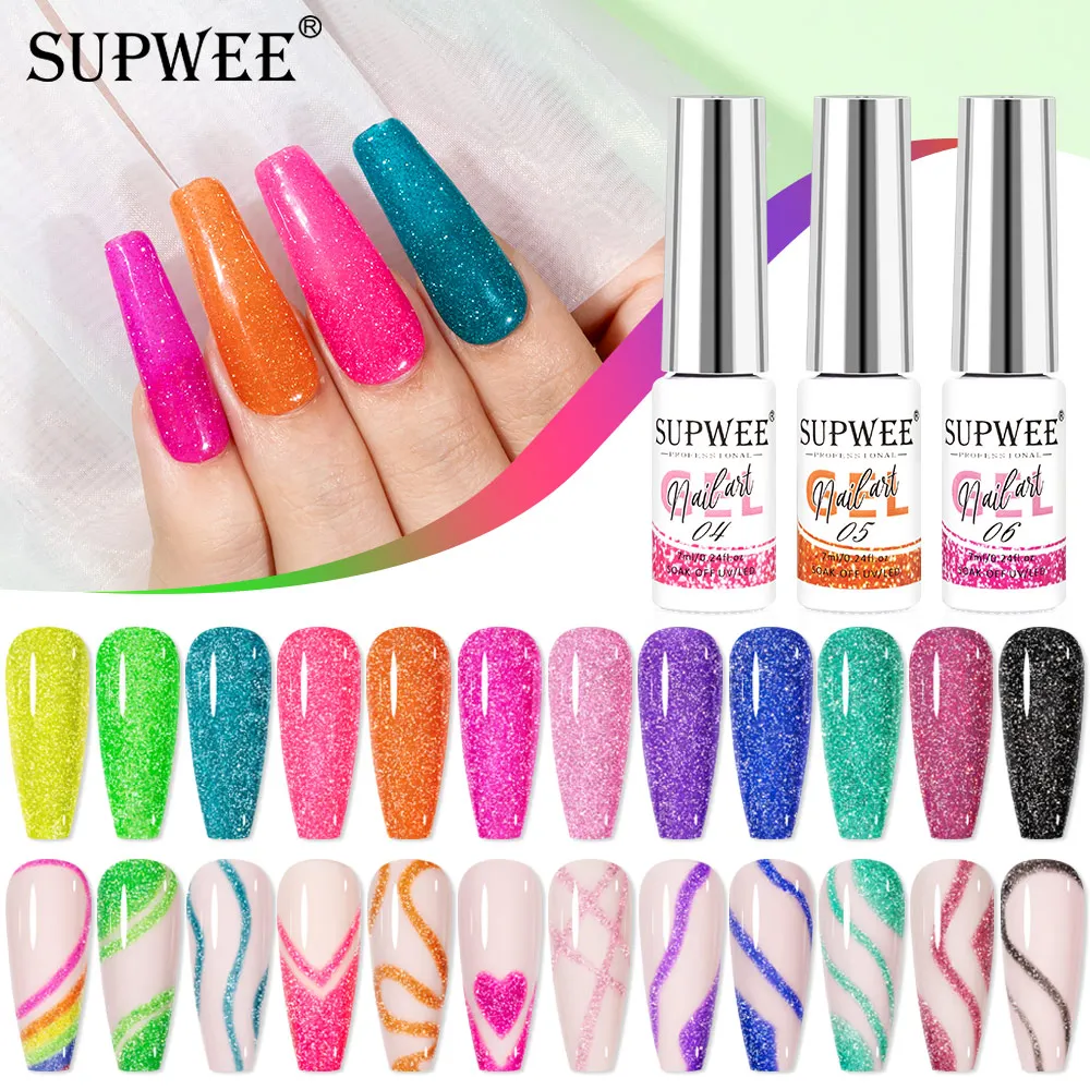 

Supwee 7ml Reflective Glitter Line Gel Nail Polish Drawing Fluorescent Sparkling Varnish Soak Off UV/LED Gel Painting Nails Art