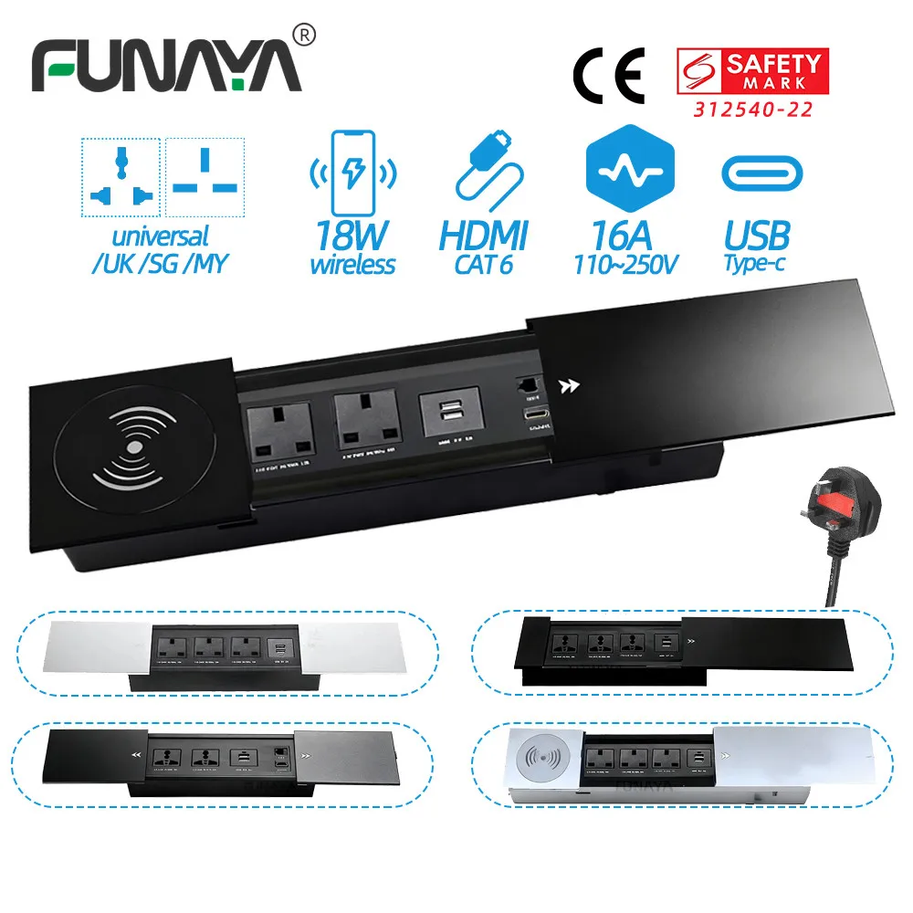 

FUNAYA Table Hidden Slide Socket Universal UK MK Multi Plug with USB Wireless Charge Recessed Desktop Outlets for Furniture Desk