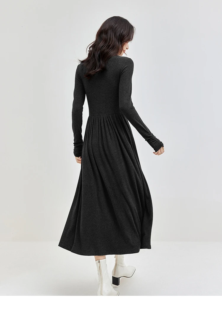 SENTUBILA Knitted Slim Womens Dresses 2024 Winter Black Half High Neck Shirring Sleeve A-line Elegant Midi Dress 144L58348