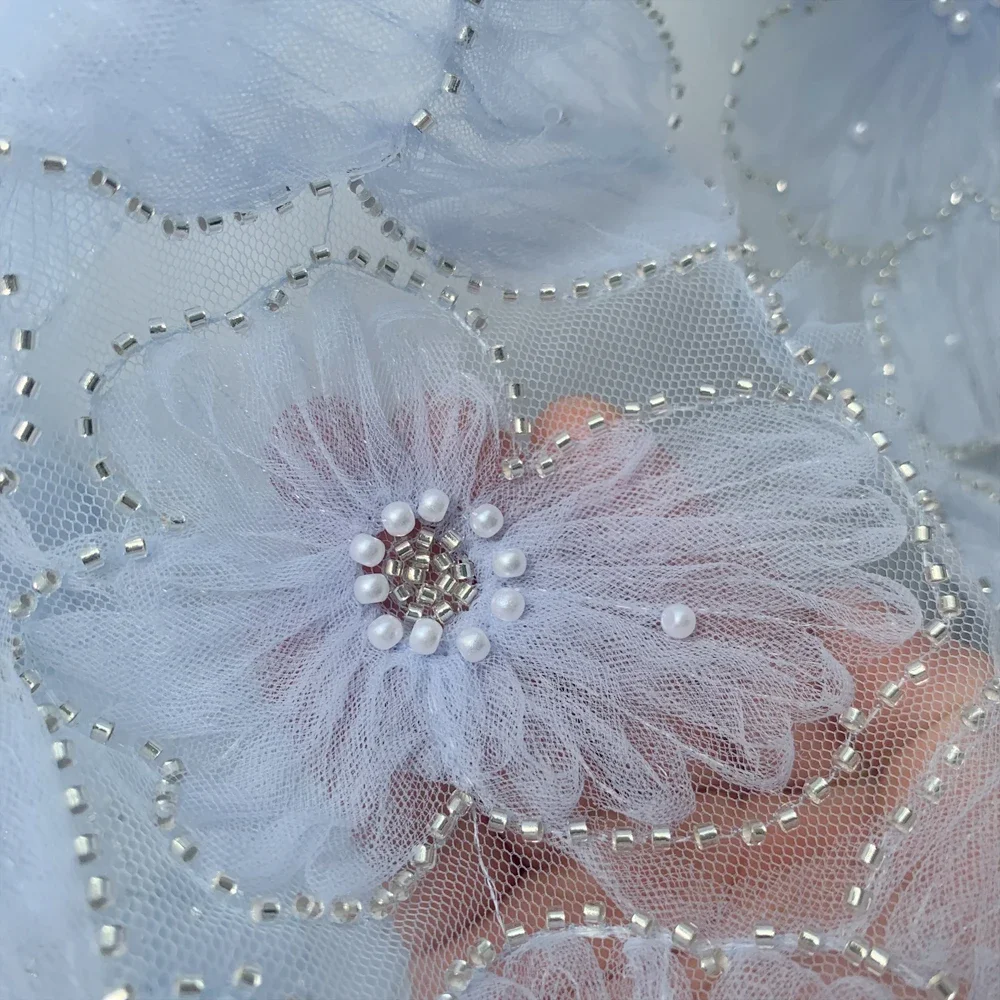 Embroidered Lace Fabric for Children\'s Clothing, 3D Mesh Flowers, Silver Bead, Pearl Wedding Dress, Lace Ribbon, 3 Colors