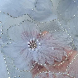 Embroidered Lace Fabric for Children's Clothing, 3D Mesh Flowers, Silver Bead, Pearl Wedding Dress, Lace Ribbon, 3 Colors