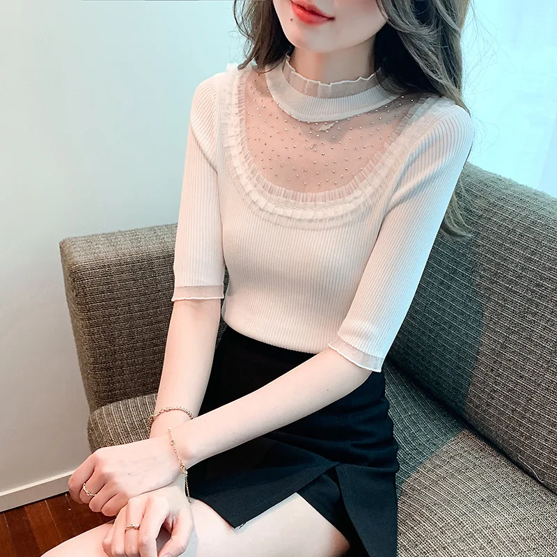 All-Match Lace Stitching Sweater Women's Summer New Elegant Slim Hollow Top