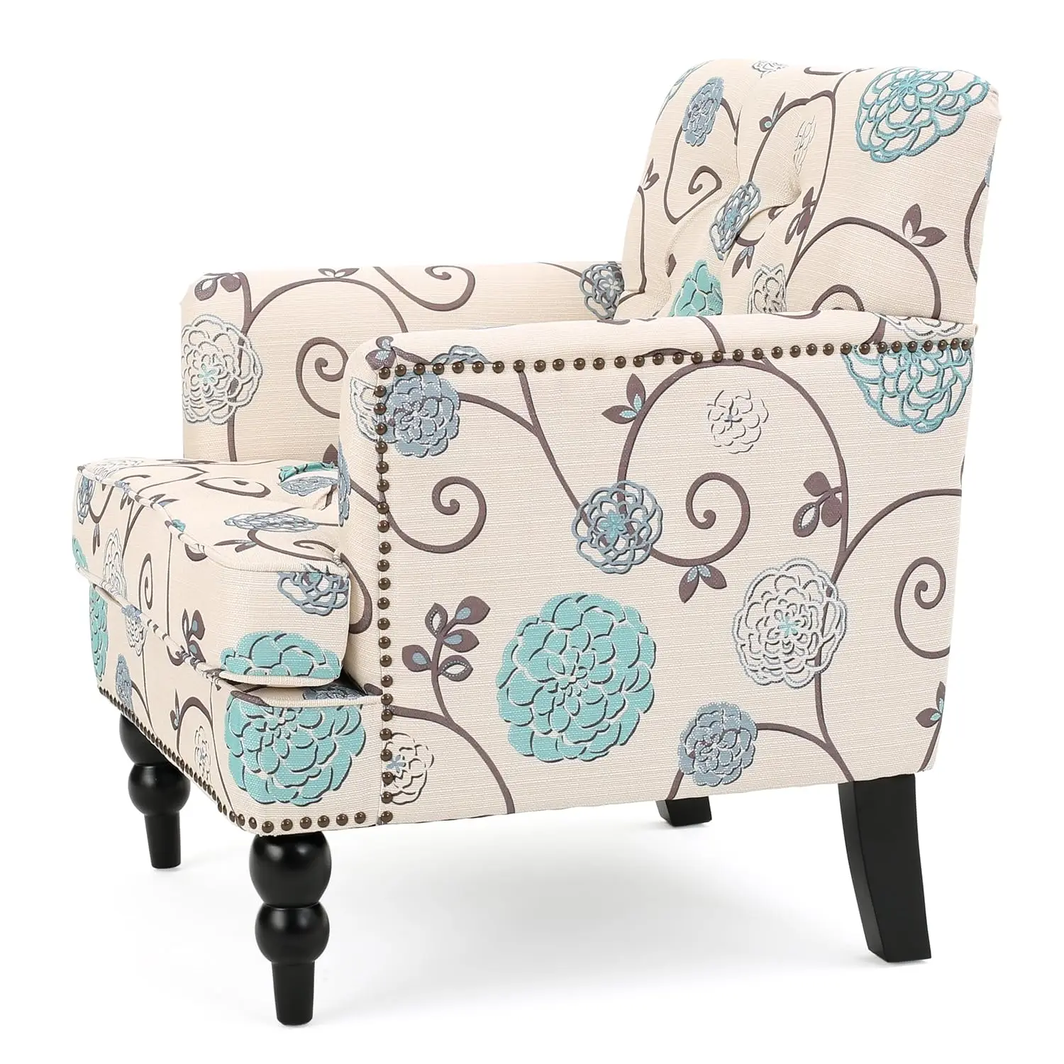Tufted Fabric Club Chair, White/Blue, Accent Armchair for Living Room Bedroom Office, 29.5