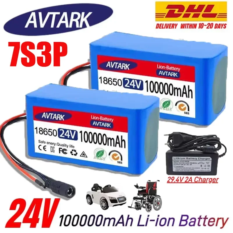 

18650 Rechargeable Lithium Battery Pack 7S3P 29.4V 100Ah with BMS Suitable for 24V - 29.4V motors+2A Charger