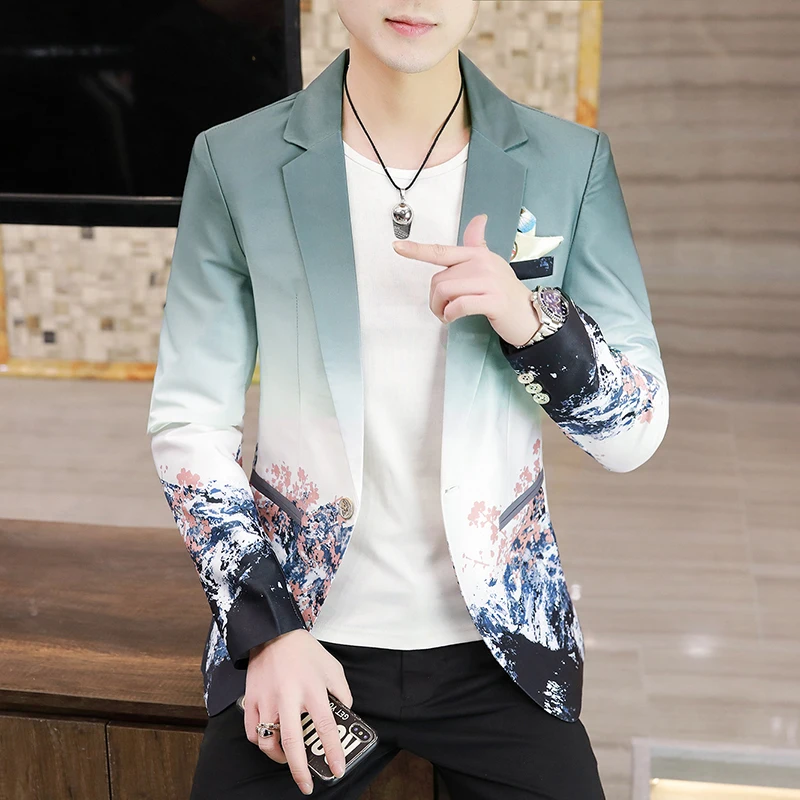 남성 슬림핏 블레이저 가을 패션 프린트 잘생긴 한국어 버전 캐주얼 싱글 브레스트 연회 부티크 스타일