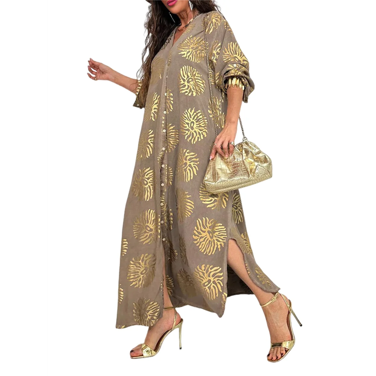 【SEE】Vestido bohemio con estampado floral para mujer, vestido largo de manga corta con escote en V profundo y abertura lateral, vestidos largos fluidos de corte A