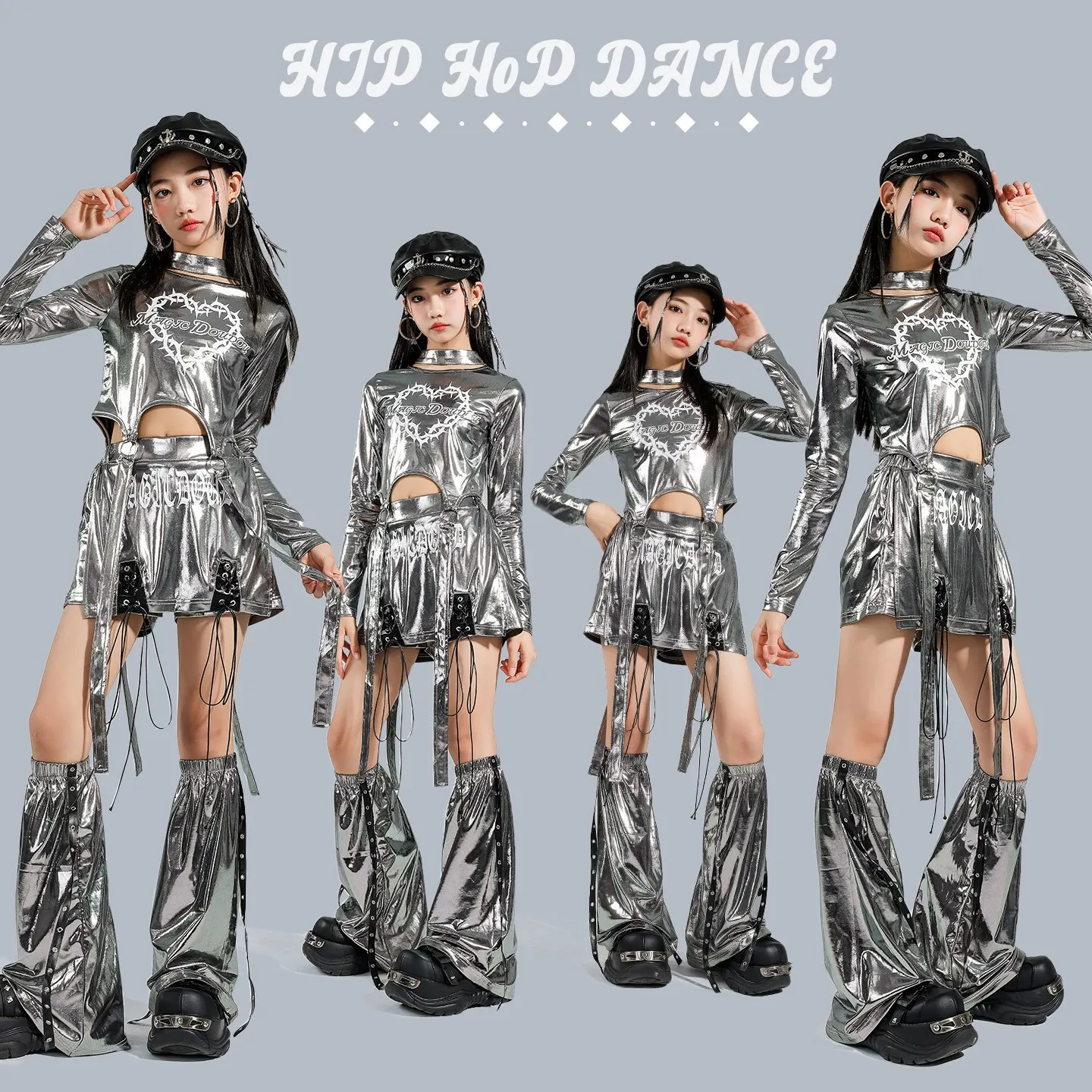 

2025 Girls Silver Jazz Clothes Hip Hop Dance Outfits Kpop Performance Costume Kids Catwalk Concert Clothing Stage Wear BL18238