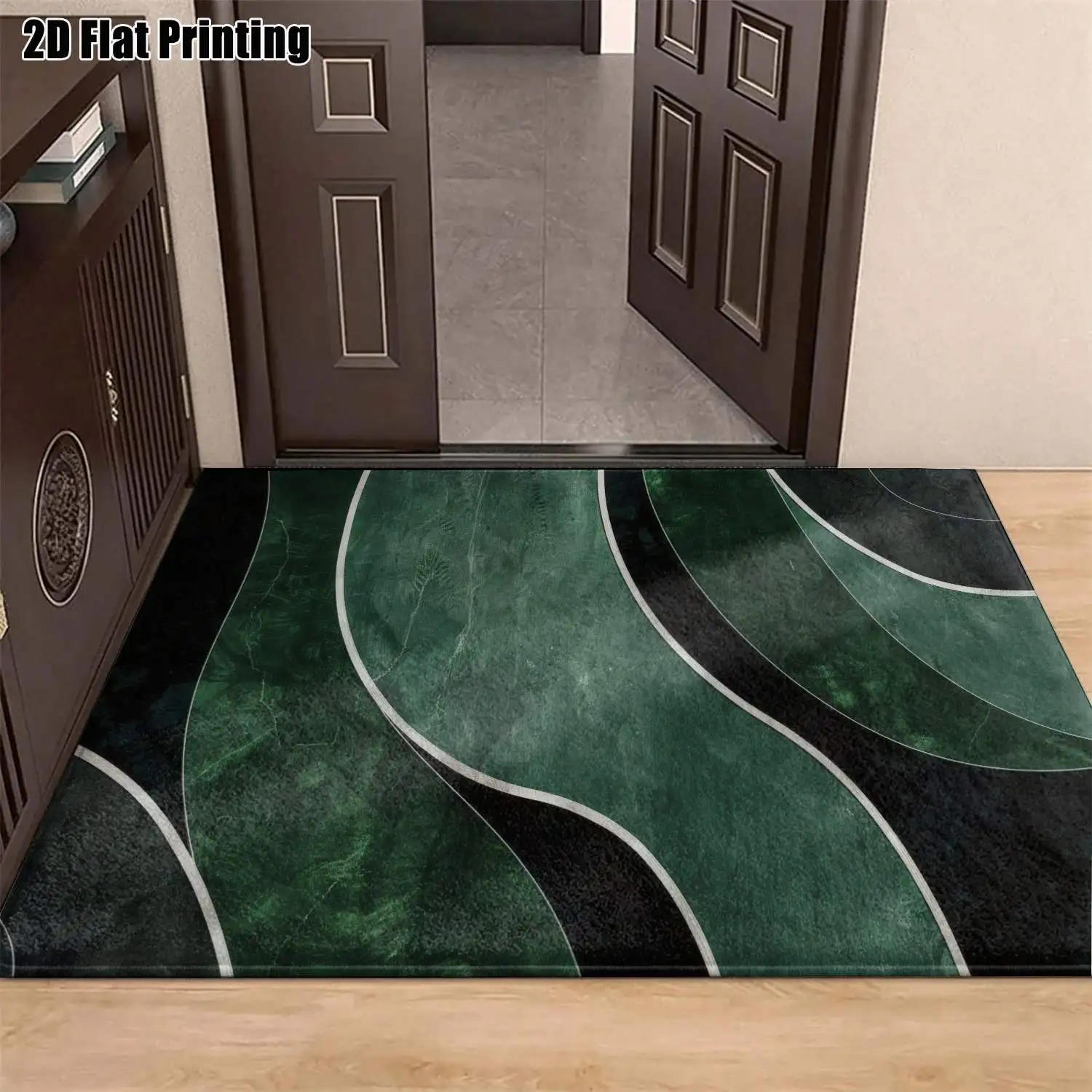 1Pc 2D Printed Deep Green Wave Geometric Nordic Minimalist Instagram-Style Machine-Washable Carpet, Multi-Size for Entrance, Dining, Foyer, Bedroom, Living Room Home Decor
