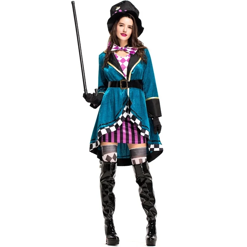 Alice in Wonderland Mad Hatter Costume for Adults Women Fantasias Magician Cosplay Halloween Carnival Party Magic Dress Purim