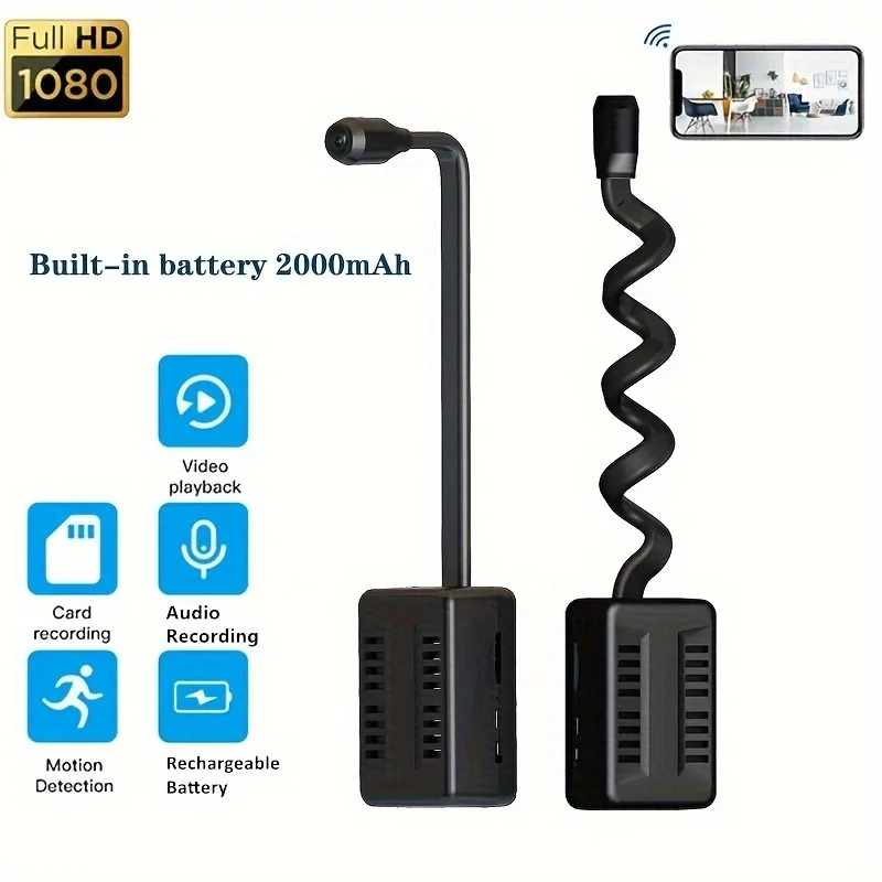 كاميرا WiFi 1080P 2.4G WIFI USB قابلة لإعادة الشحن مع بطارية 2000 مللي أمبير في الساعة، كشف الحركة، المراقبة عن بعد، عرض التطبيقات