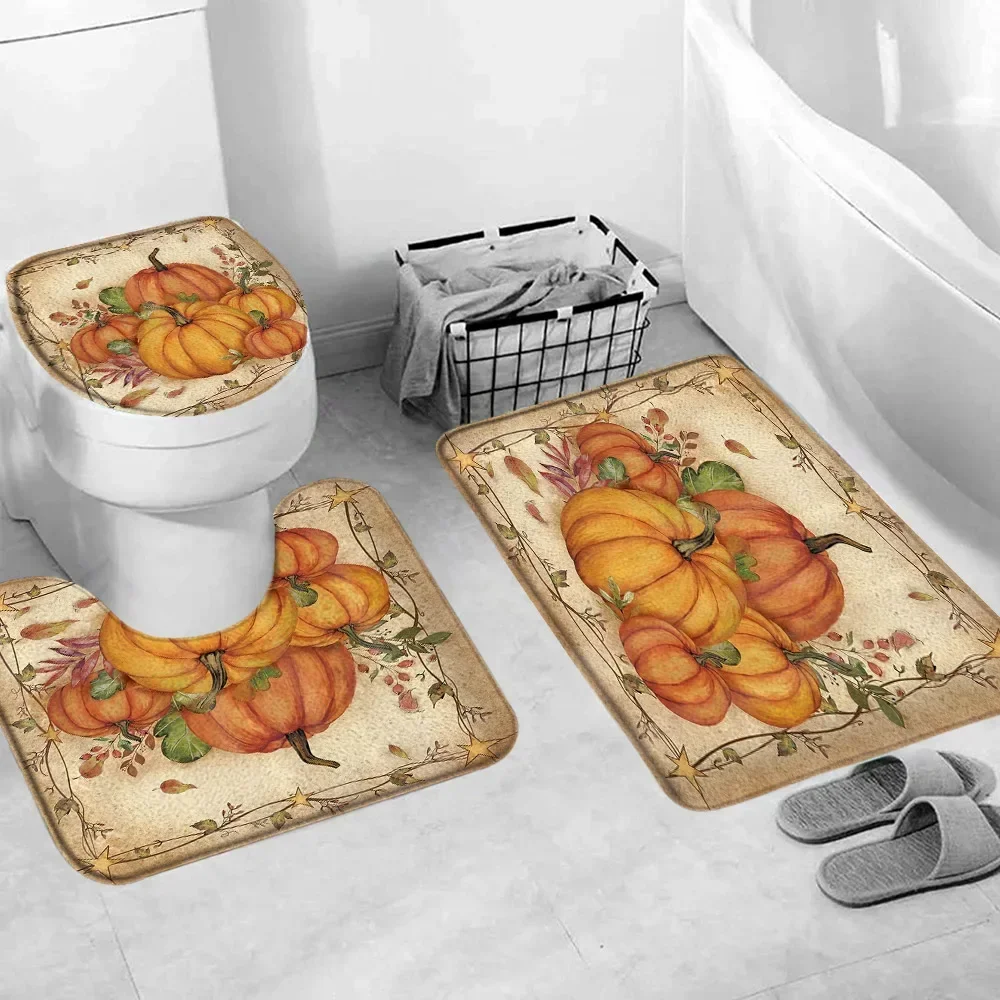 Pumpkin Shower Curtain Set Fall Bathroom Set Thanksgiving Bathroom Decor Set Autumn Fabric Shower Curtain with Hooks Toilet Rugs