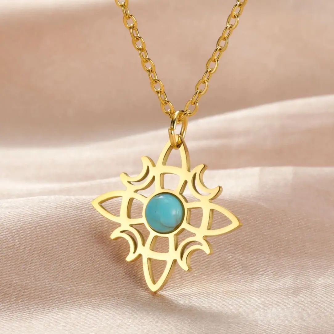 LIKGREAT Celtic Witches Knot Blue Stone Necklace for Women Girls Stainless Steel Crescent Moon Good Luck Amulet Pendant Jewelry image 4