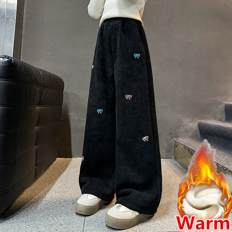 New Winter Children Warm Fleece Pants for Girls Soft Corduroy Long Trousers School Kids Thermal Sweatpants with Bow Age 5-14 Y