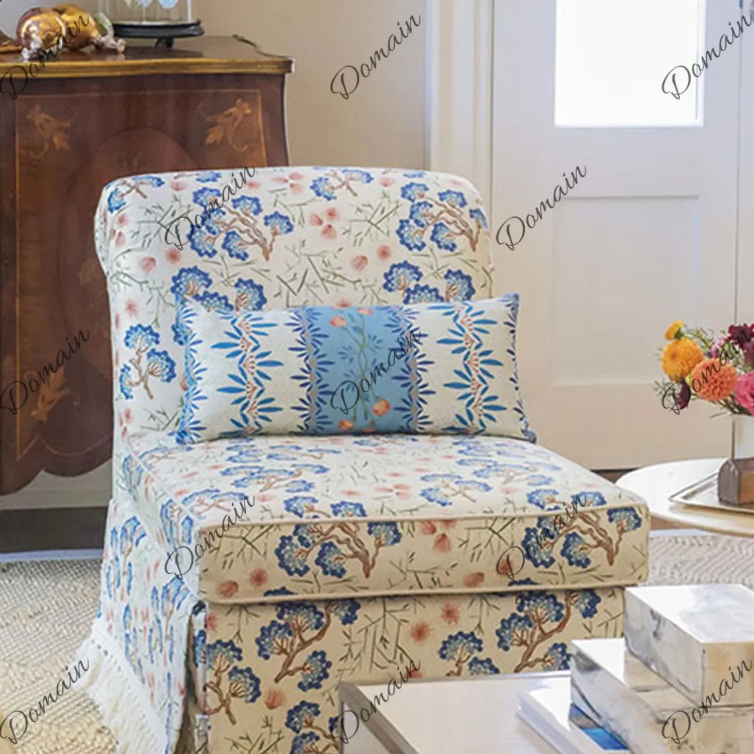 Hi American Pastoral Floral Printing Sofa French Retro Soft Bag Single Chair Small Apartment Living Room Solid Wood Leisure Chai