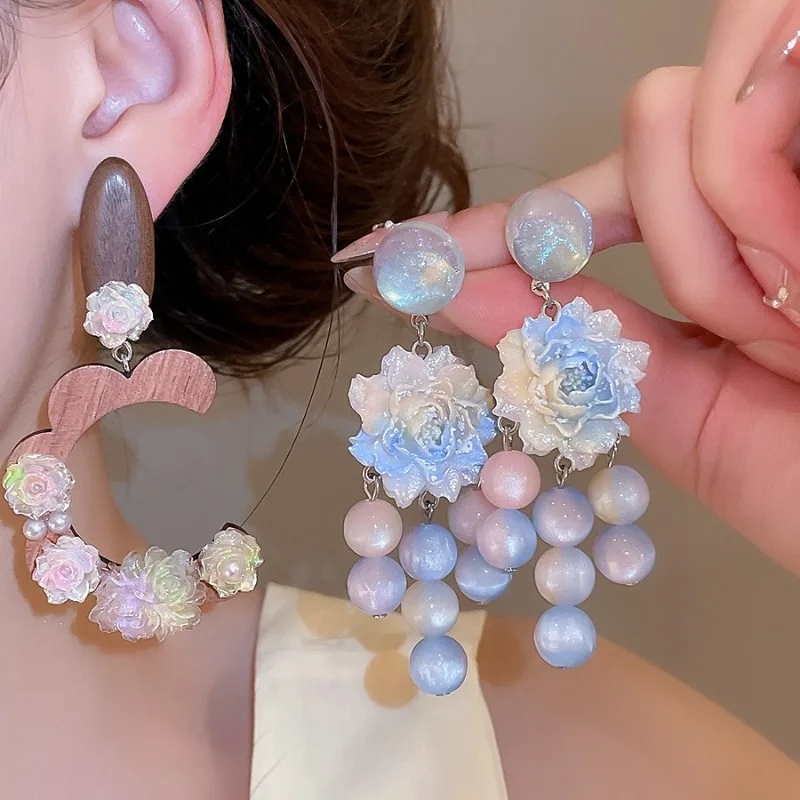 Minar Fantasy Rainbow Gradient Color Resin Flower Beads Ball Long Drop Earrings for Women Ladies Wedding Beach Jewelry Wholesale