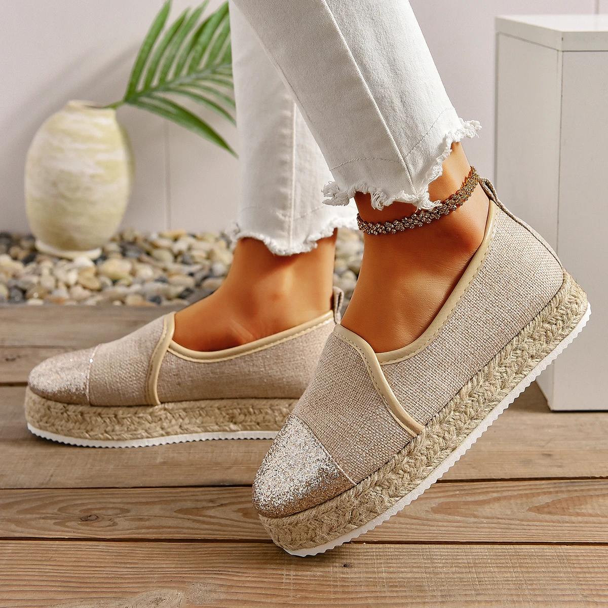 Beige Espadrilles Womens Shoes Flat Stylish and Trendy Footwear for Fashion-Forward Females Loafers Casual Slip-on Grass Woven