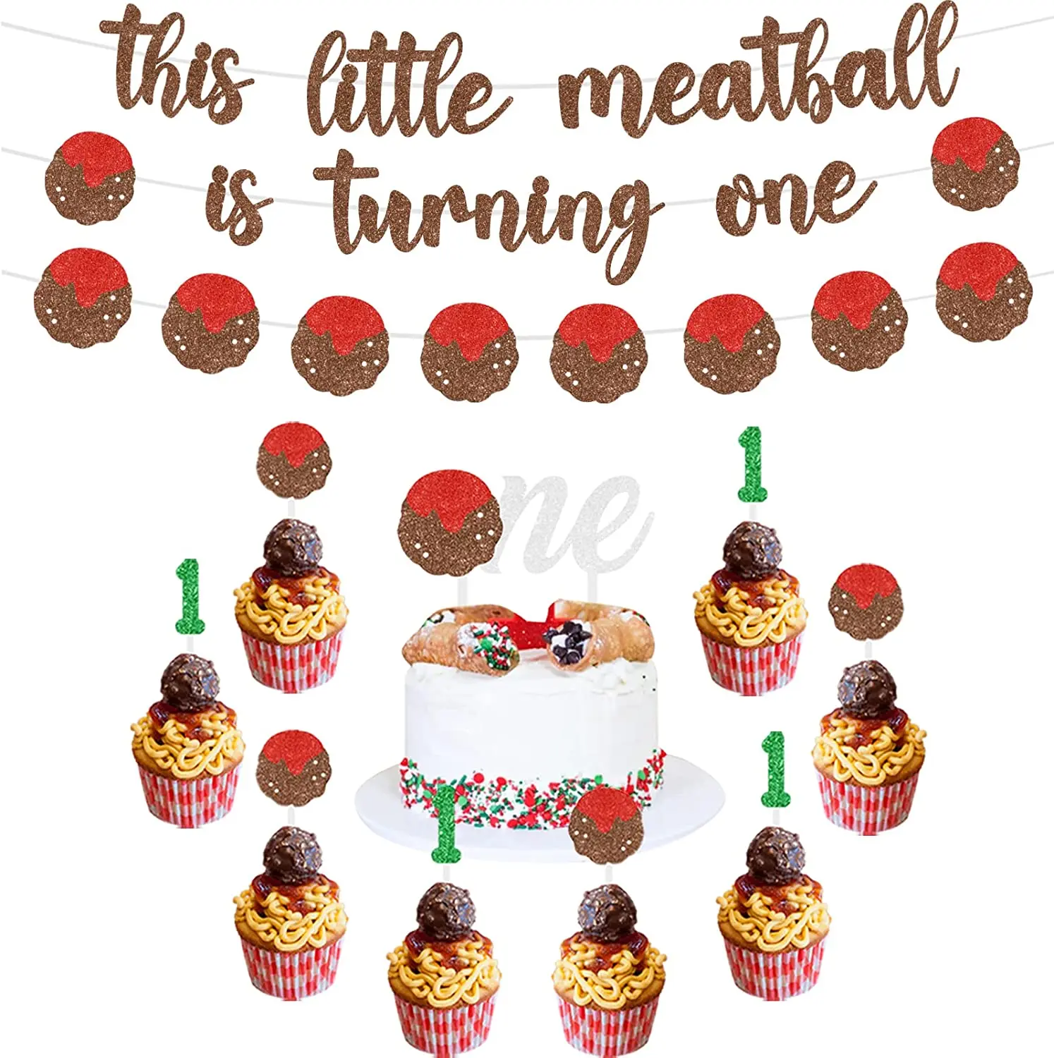 

Meatball First Birthday Decorations This Little Meatball Is Turning One Banner Cupcake Topper Spaghetti Pasta 1st Party Supplies