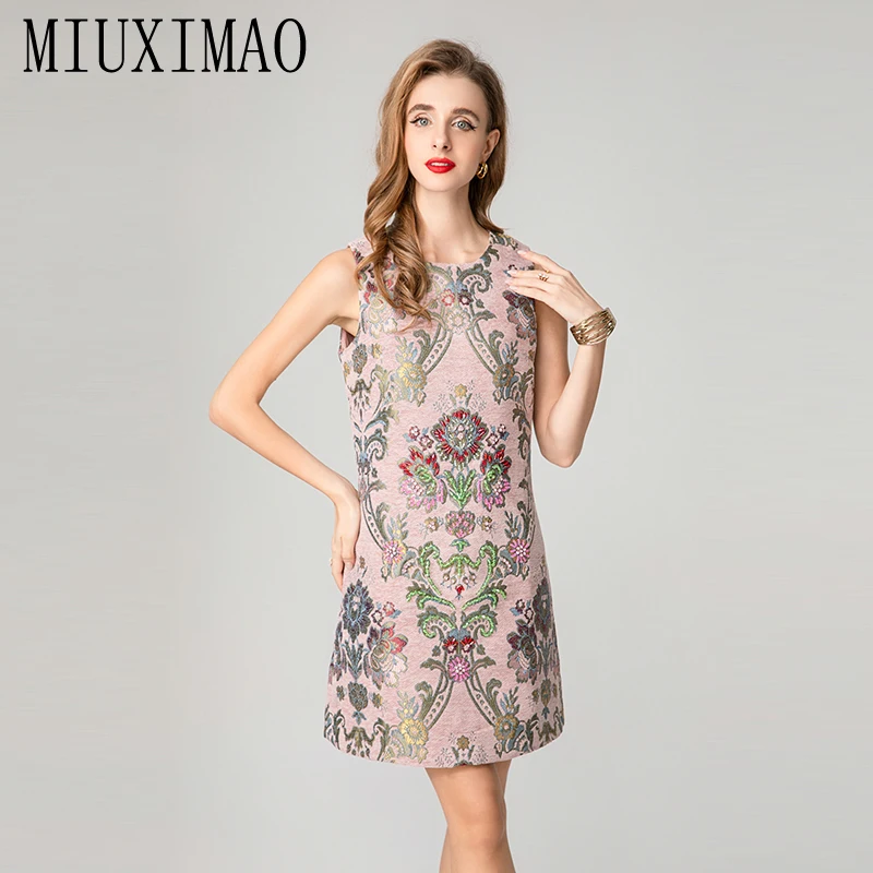 MIUXIMAO 2025 vestido de moda Royal Vintage Jacquard vestidos de otoño vestido rosa Floral A-LINE vestido corto de diamantes vestidos de mujer
