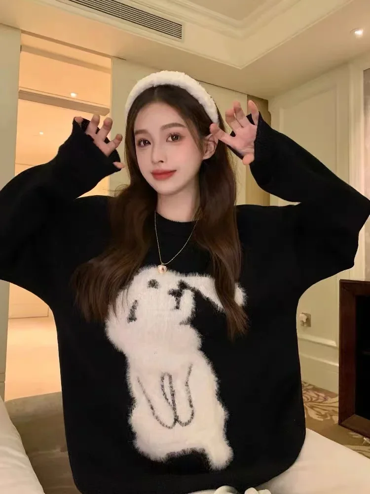 Cute Rabbit Plush Y2kTop Sweater Joker LooseKnitted Shirts Autumn Winter Women Solid Color Kawaii Puppy Round Neck Ins Cashmere