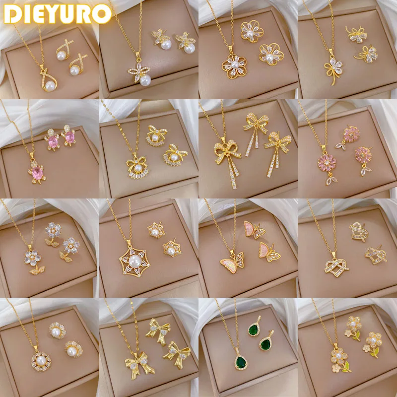 DIEYURO 316L Stainless Steel Butterfly Flower Bowknot Necklace Earrings For Women Girl New Concise Trendy Jewelry Set Gift Party