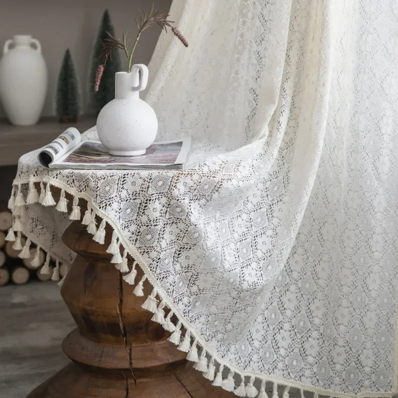 

American Four Leaf Grass Hollowed Out Lace Curtains Beige Crochet Tassel Drape Kitchen Valance Curtain for Living Room