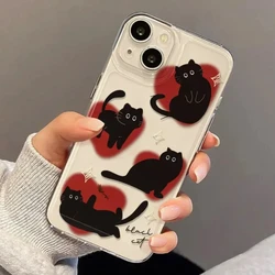 Ins Lovely Love Heart Black Cat Phone Case For iPhone 16 Pro Max 15 14 13 12 11 Pro 14 15 Plus Cartoon Y2K Phone Cases Cover