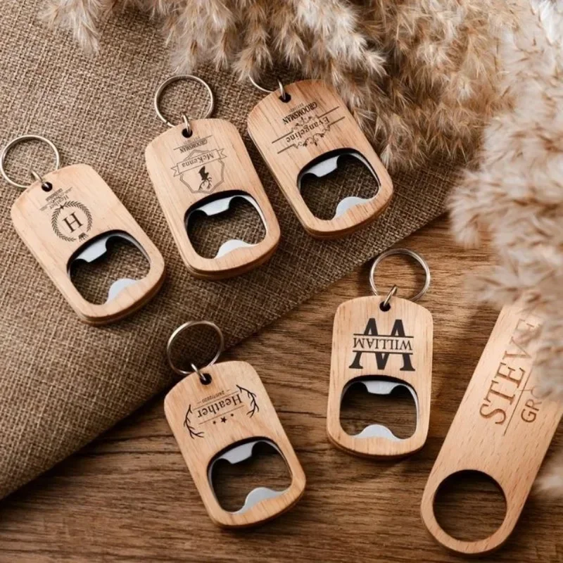 Vintage Personalize Wood Opener KeyringCustom Name Beer Bottle Tool Wooden Keychain for Wedding Laser Engrave Car Logo Key Chain