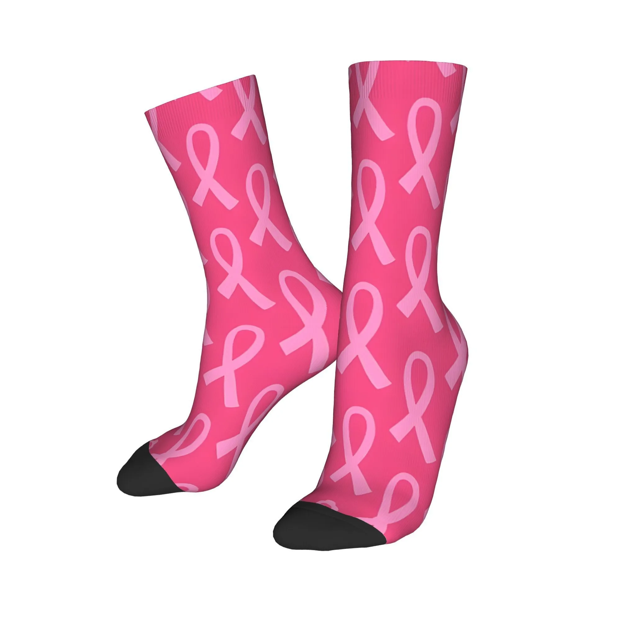 Breast Cancer Pink Ribbon Pattern Crew Socks Unisex Novelty Printed Daily Wear Casual Sock Gift