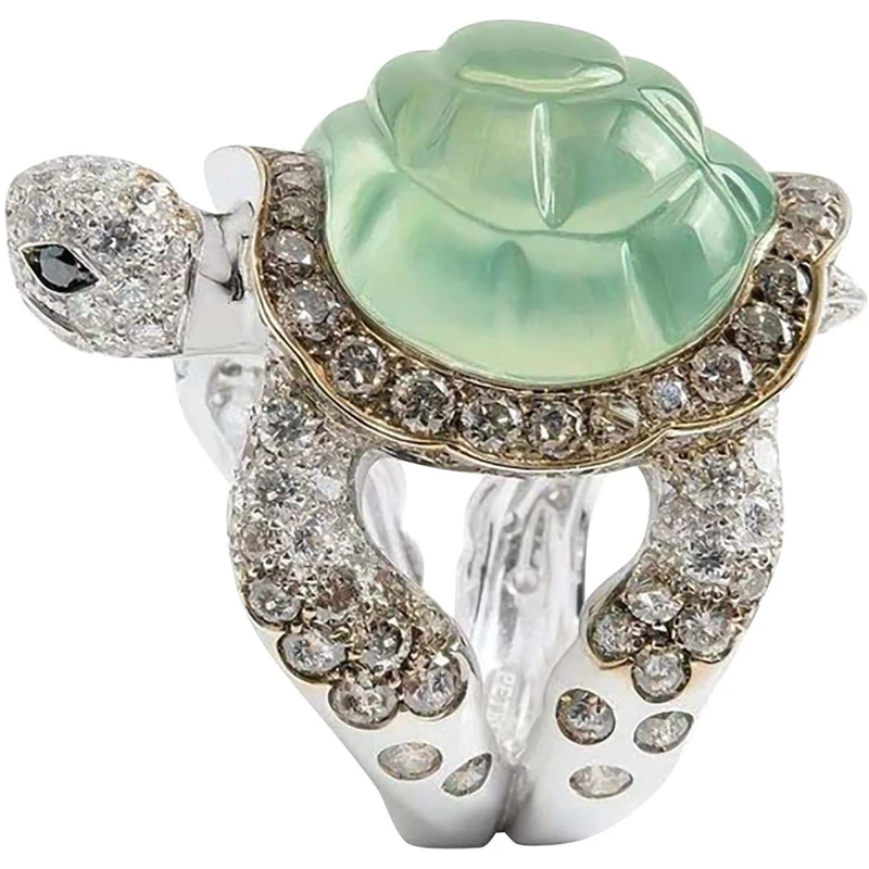 Luxury Carved Turtle Ring For Women Exquisite Two Tone Metal Inlaid Green Stone Zircon Wedding Ring Jewelry