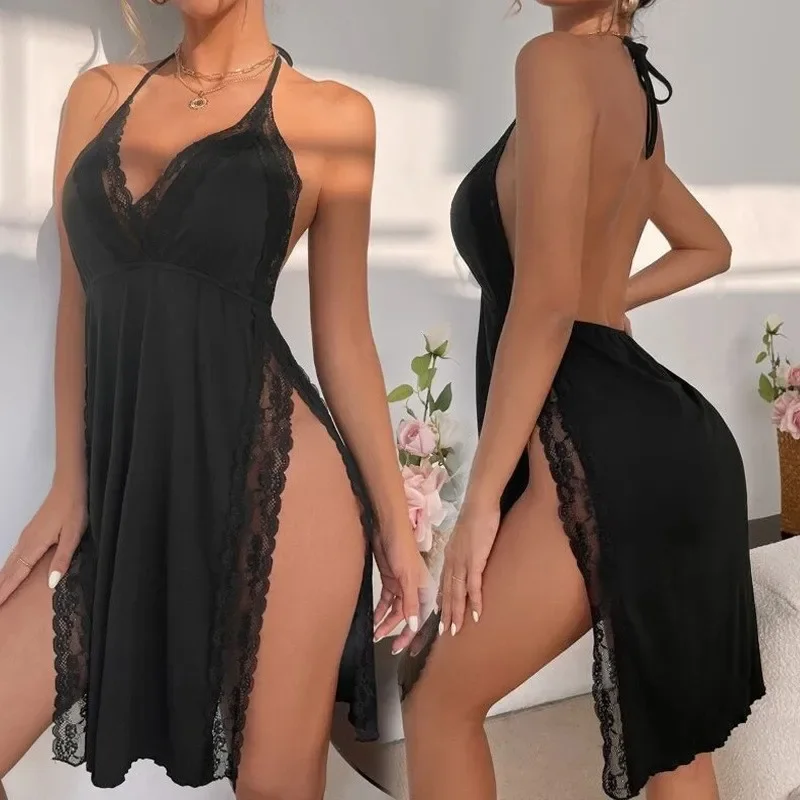 Nuevo camisón de mujer con tirantes para el cuello, vestido sin espalda con abertura, lencería de cintura alta, ropa de dormir con escote en V profundo, detalles de encaje y satén, ideal para usar en casa.