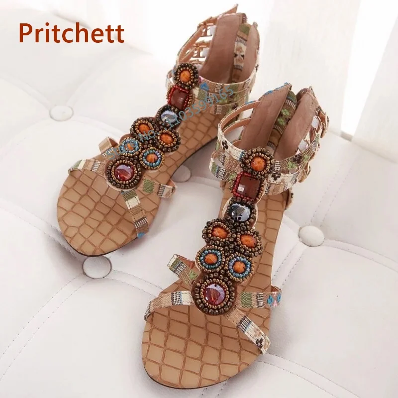 

Bohemian Style Narrow Band Sandals Gemstone Beading Flat with Round Toe Buckle Strap Shoes Comfortable Summer Vocation Shoes