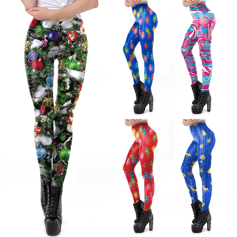 

Zawaland Christmas Women's Coloured Lantern Printed Leggings High Waist Elastic Tight Pants Party Leggings Workout Trousers