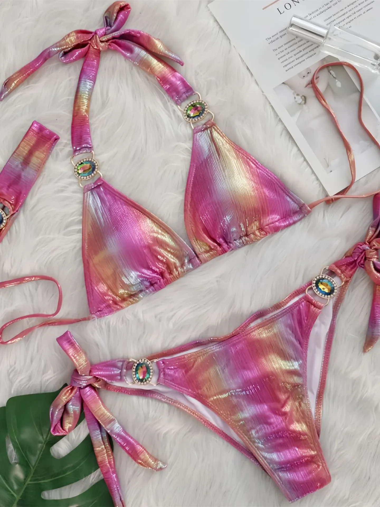 

Sexy Pink Gradient Bikini Set 2025 Women Luxury Rhinestone Push Up Band 3 Piece Swimsuit Bathing Suit Diamond Thong Swimwear