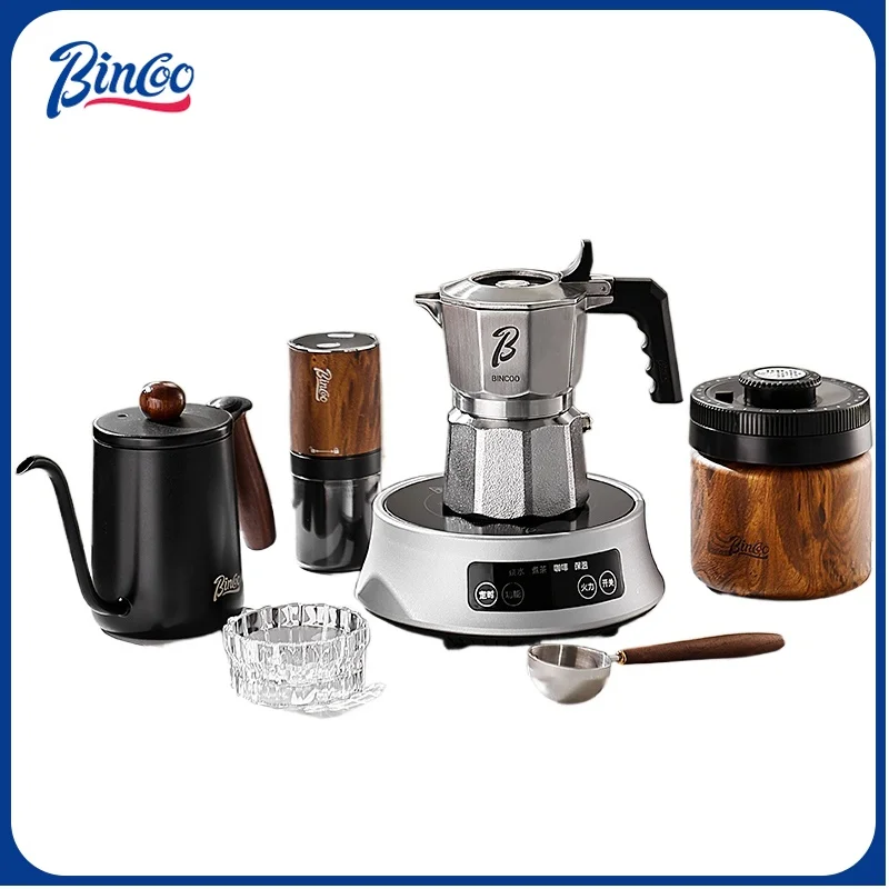 Bincoo 316 Stainless Steel 3-Valve Moka Pot & Coffee Grinder Set, 316 Stainless Steel Espresso Maker Combo, Espresso Gift Set