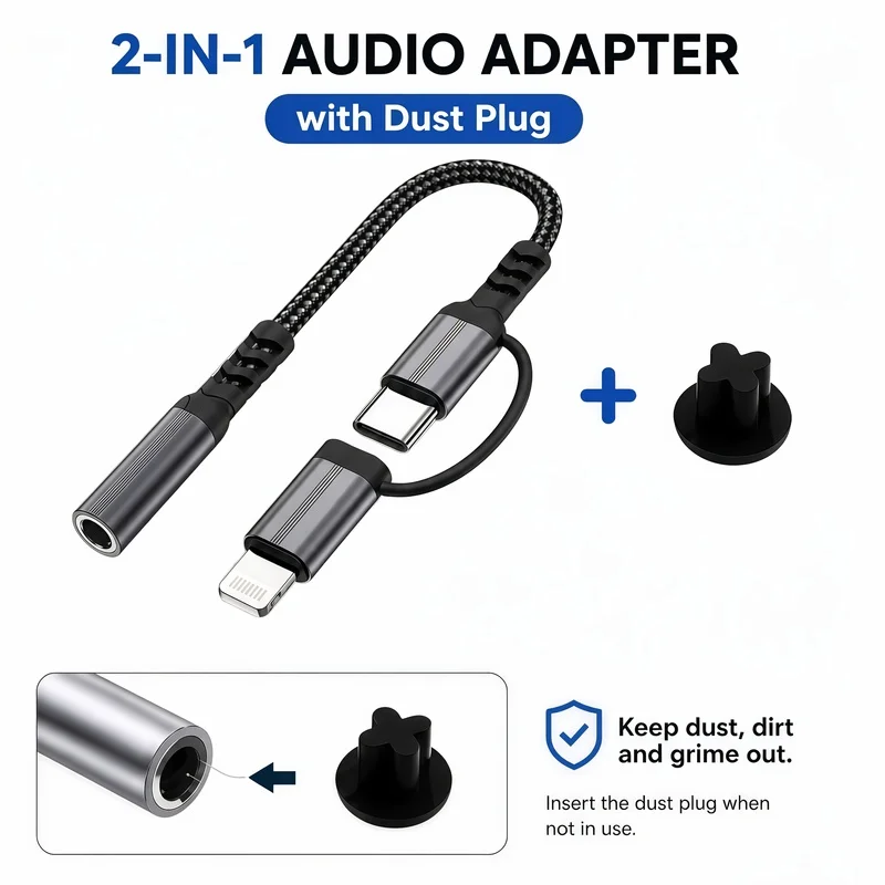 USB-C Lightning Audio Adapter Kit, 3.5mm Headphone Jack Converter & Dust Plug, Compatible with iPhone 13~17 Pro Max, Samsung, PC